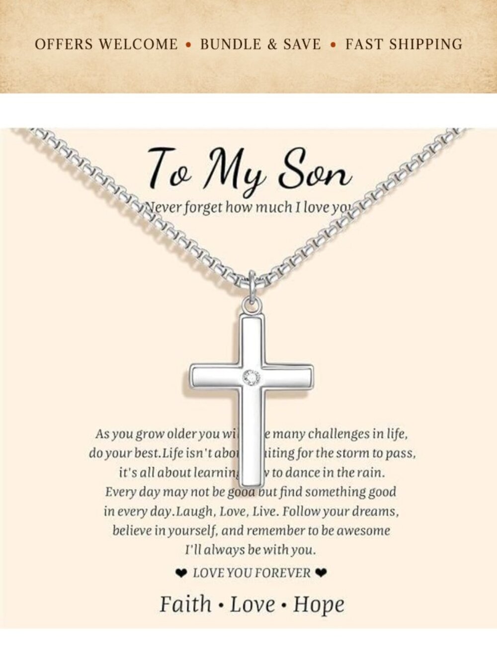 Boys Cross Necklace Stainless Steel Crucifix Pendant Adjustable Chain